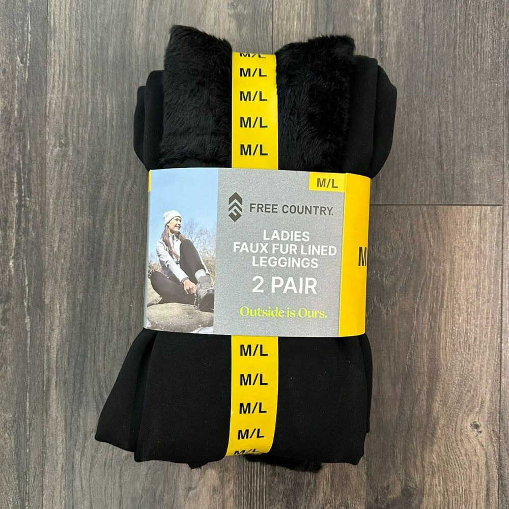NWT 2 Pairs Faux Fur Lined Leggings Black Two Pack Stretchy Warm Layer Size M/L